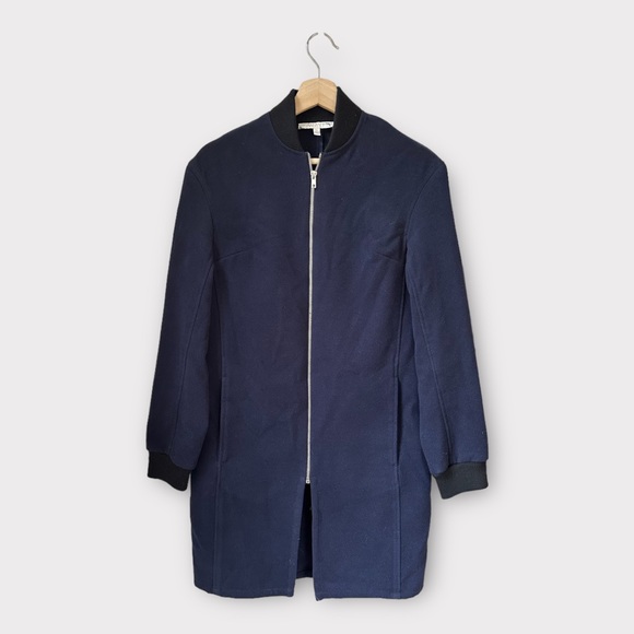 WAYF Long Bomber Zip Up Felt Coat in Navy, size XS - Picture 1 of 7